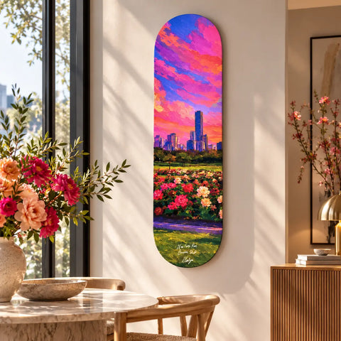 Vibrant new farm park australia keepsake fakeboard with city skyline sunset and colorful flower field deck art wall decor