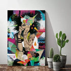 A painting on a wall next to a pot