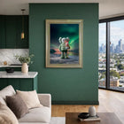 A framed original aluminium artwork of kaws companion in green puffy jacket holding ice cream with aurora borealis backdrop