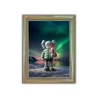 A framed original aluminium artwork of a kaws character in a light green puffer jacket holding ice cream with aurora borealis background