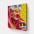 A woman with pink hair and sunglasses on a yellow background
