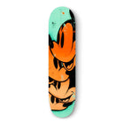 Skateboard deck featuring a stylized orange cartoon character design on a mint green background.