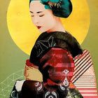 Stylized portrait of a geisha with an elaborate hairstyle and kimono against a yellow circular backdrop.