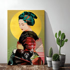 Colorful modern art portrait of a geisha with a yellow circular background.