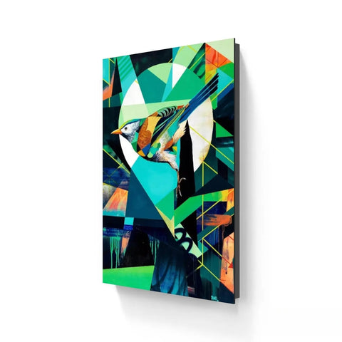 Colorful abstract geometric painting of a bird in flight.