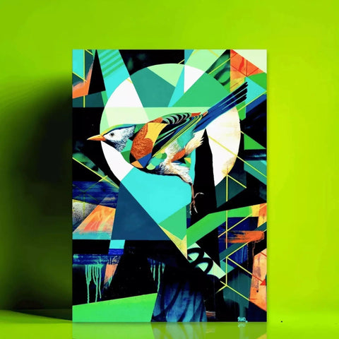 A green and blue abstract painting on a green background
