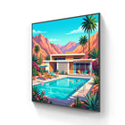 Vibrant mid-century modern aluminium wall art featuring turquoise pool desert mountains and palm trees for poolside decor