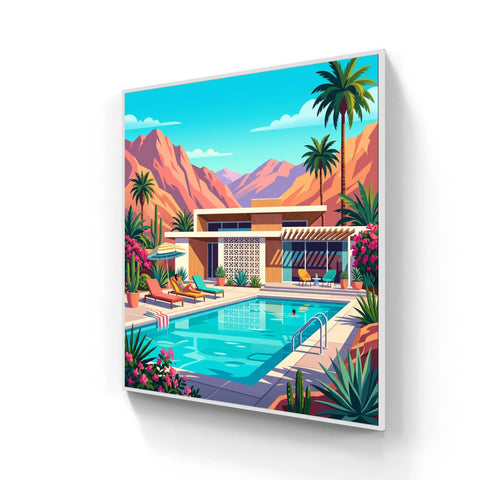 Vibrant mid-century modern aluminium wall art of turquoise poolside with palm trees and desert mountains under blue sky