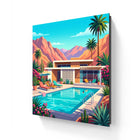 The palm springs club aluminium wall art features a vibrant mid-century modern poolside scene with turquoise water and palm trees