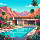 Modern mid-century aluminium wall art featuring a terracotta and beige palm springs club house with pool and desert plants