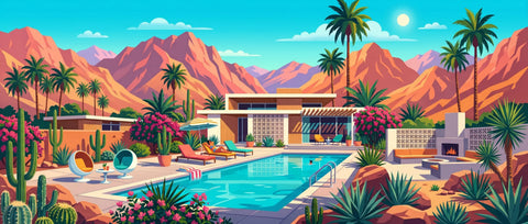 Modern mid-century aluminium wall art featuring a terracotta and beige palm springs club house with pool and desert plants