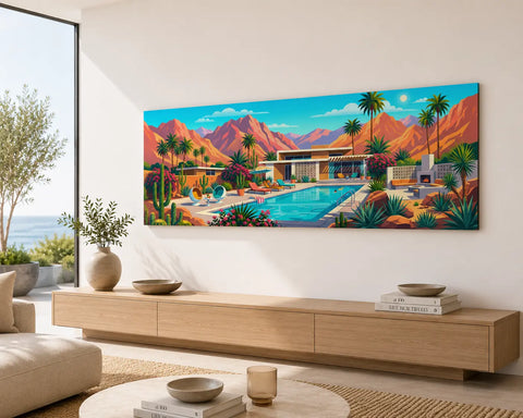 Vibrant aluminium wall art of mid-century modern desert house pool palm trees and cacti under bright blue sky