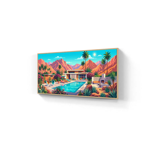 A vibrant rectangular aluminium wall art print of a mid-century modern desert house with a pool framed in light wood