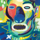 Abstract, brightly colored portrait of a person’s face.