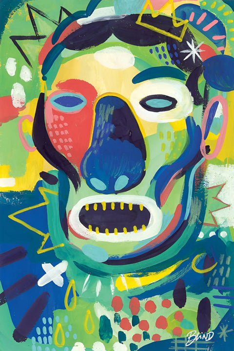 Abstract, brightly colored portrait of a person’s face.