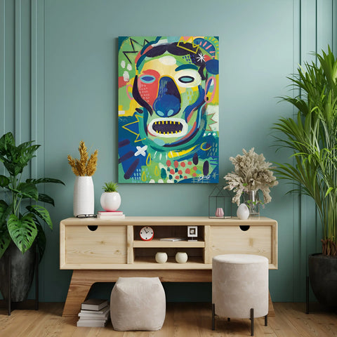 Abstract, colorful portrait painting on canvas.