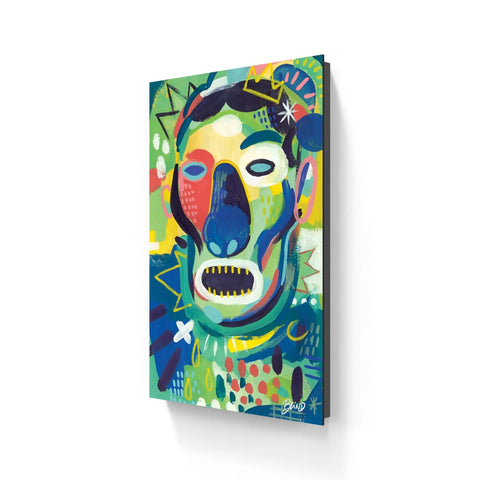 A vibrant, colorful, abstract portrait on a rectangular canvas.
