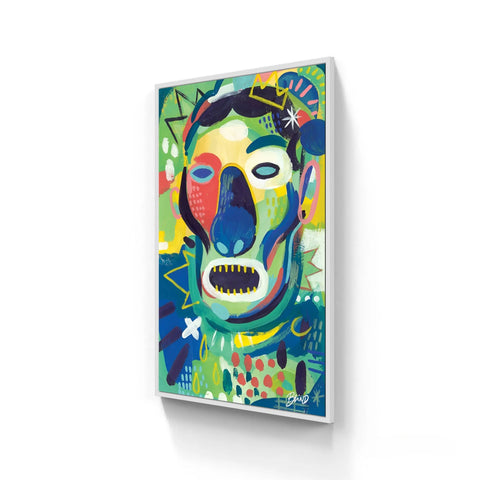 Vibrant abstract portrait painting in a white frame.