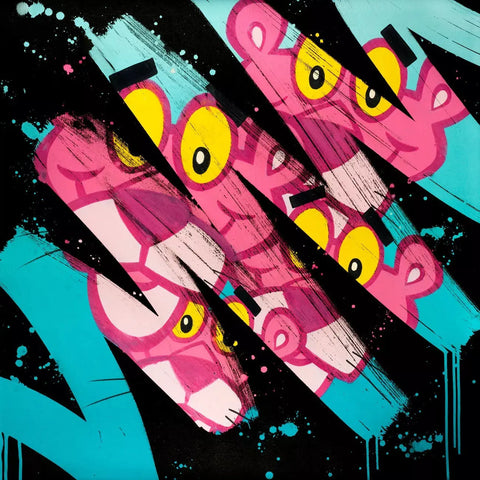A painting of pink and yellow shapes on a black background