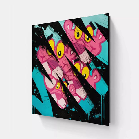A pink and yellow abstract painting on a black background