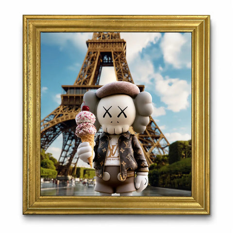 A kaws-style cartoon figure wearing a brown beret and louis vuitton monogram jacket holding an ice cream cone paris aluminium artwork