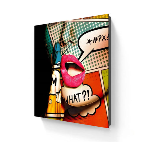 Pop art style illustration featuring glossy pink lips and comic book speech bubbles.