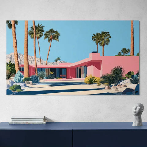 Pink mid-century modern house mural with palm trees and desert landscaping.