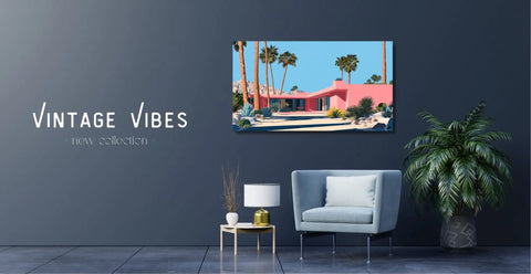 Pink retro house canvas print with palm trees and blue sky.