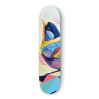 Colorful skateboard deck featuring an artistic bird design.