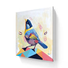 Colorful, stylized painting of a bird with geometric elements and abstract shapes.