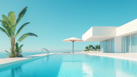 By the pool aluminium wall art featuring an infinite blue infinity pool with clear water and white concrete edges