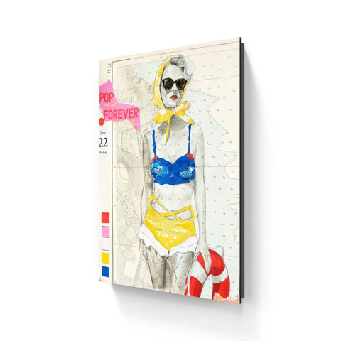 Pop forever limited edition aluminium magazine cover with vibrant pop art woman in blue yellow bikini and sunglasses