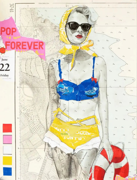 A stylized illustration of a woman in a vibrant blue yellow and red bikini with a matching yellow headscarf on pop forever limited edition aluminium