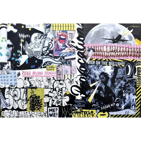 Collage of graffiti, street art, and pop culture imagery with text and graphic elements.