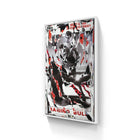 Framed abstract poster featuring a distorted figure in black, white, and red with text ’Raging Bull’ visible.