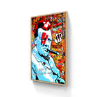 Pop art style portrait painting with blue tones against a vibrant graffiti-inspired background.