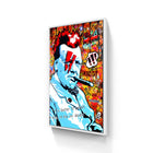 Pop art style portrait painting with blue tones against a graffiti-covered background.
