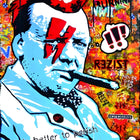 Pop art style portrait with blue and red lightning bolt face paint against a graffiti-covered background.