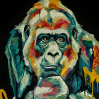 Colorful, expressive painting of a thoughtful gorilla.