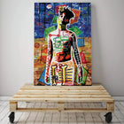 Neo-expressionist street art painting of a figure rendered in vibrant colors and bold brushstrokes.