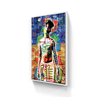 Colorful abstract art piece depicting a stylized human figure with graffiti-like elements and text.