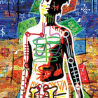 Graffiti-style figure with colorful abstract patterns and lines painted in a neo-expressionist style.