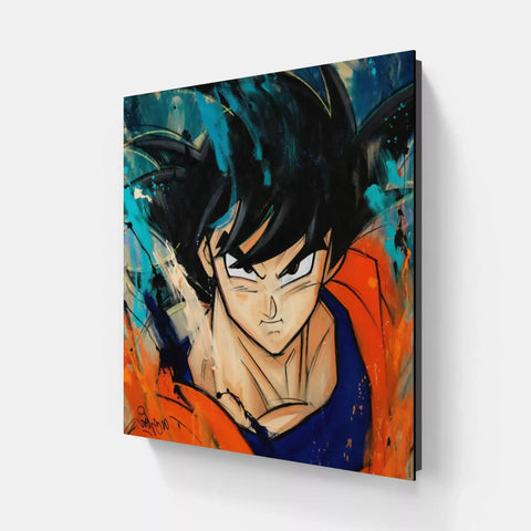 A painting of a young man with a blue shirt and orange shirt