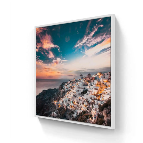 Framed Santorini landscape print.