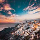 Picturesque Santorini village at sunset.
