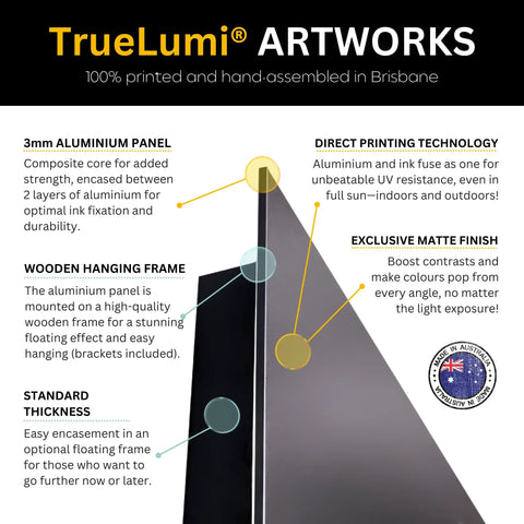 TrueLumi artworks with aluminum panel, wooden hanging frame, direct printing technology, and exclusive matte finish.