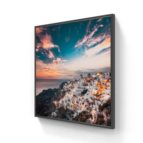 Framed Santorini landscape art.