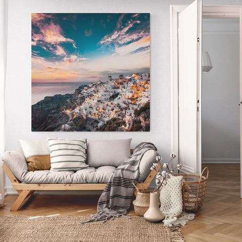 Living room interior with Santorini artwork.
