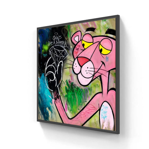 Framed pop art painting of a pink panther holding a diamond.