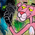 A vibrant pop art painting featuring the Pink Panther holding a diamond.